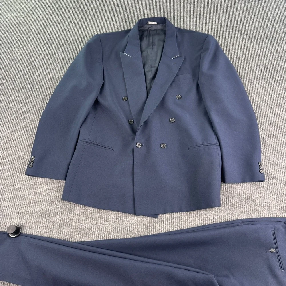 Vintage Falcone Suit Men 46R 40x30 Navy Double Breasted Union Made USA 2 Piece